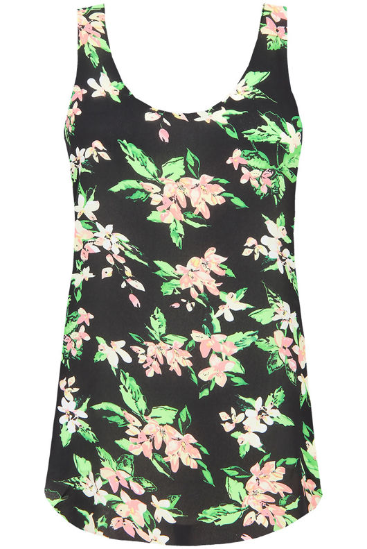 Black & Green Flower Print Sleeveless Tops