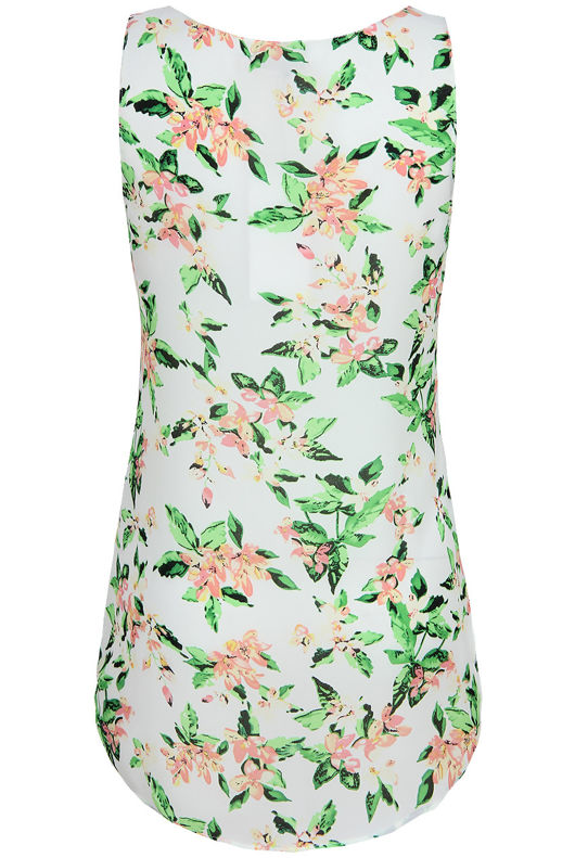Green Flower Print Sleeveless Tops