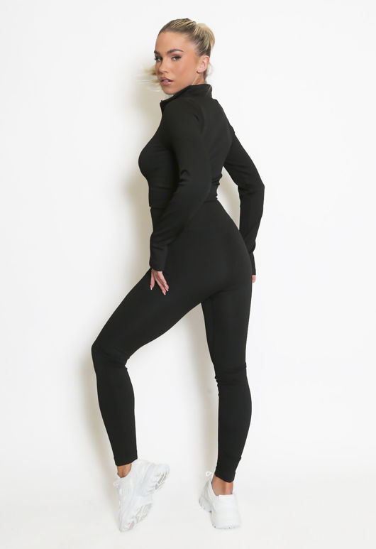 Black Ribbed Zip Top And Leggings Set