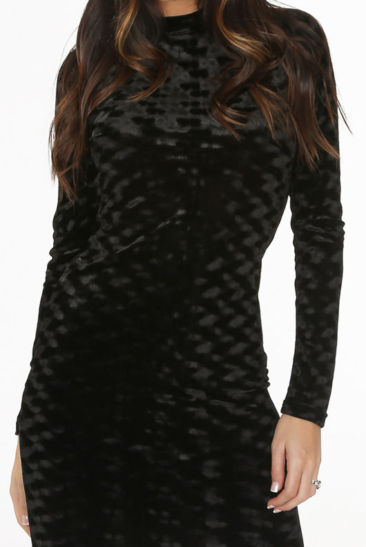 Black Velvet Contrast Textured Midi Dress