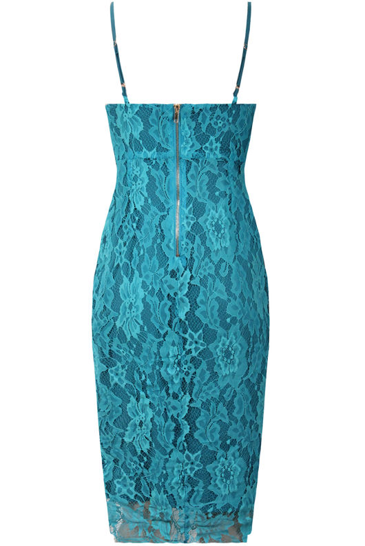 Turquoise Lace Floral Print Lined Bodycon Dress