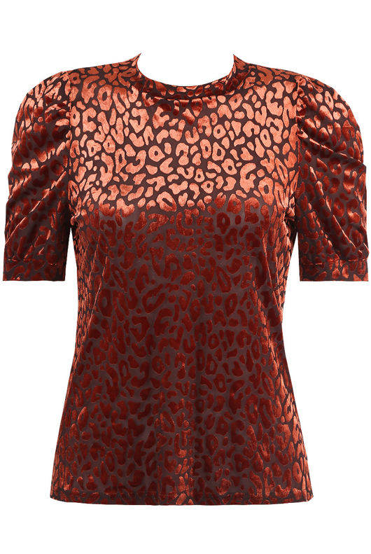  Rust Velvet Animal Print High Neck Blouse