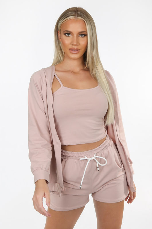 Dusky Pink Cami Short And Hoodie Set
