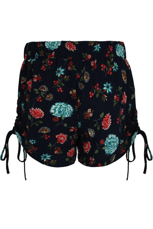 Ruched Side Floral Print Shorts In Black