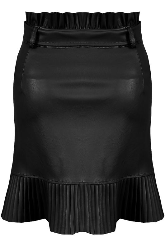 Black Pleated Hem Belted PU Mini Skirt