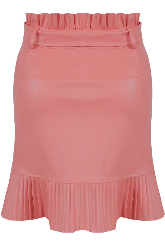 Peach Pleated Hem Belted PU Mini Skirt