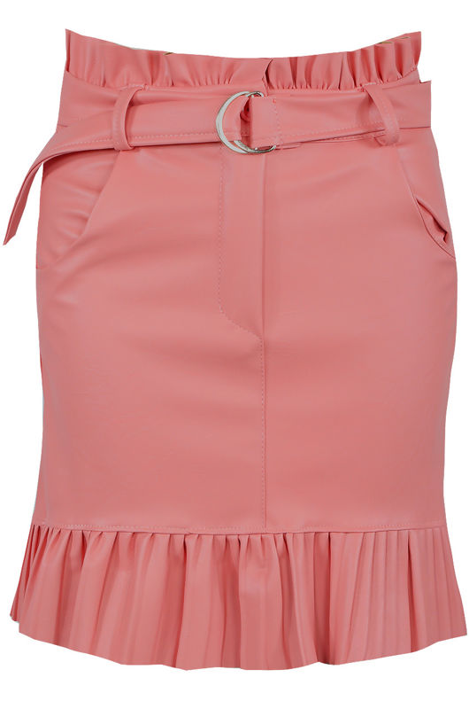 Peach Pleated Hem Belted PU Mini Skirt