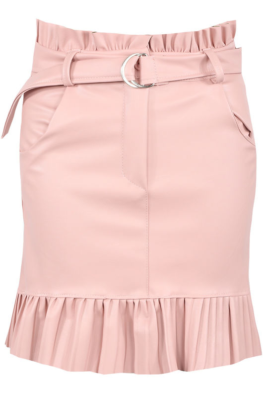 Pink Pleated Hem Belted PU Mini Skirt
