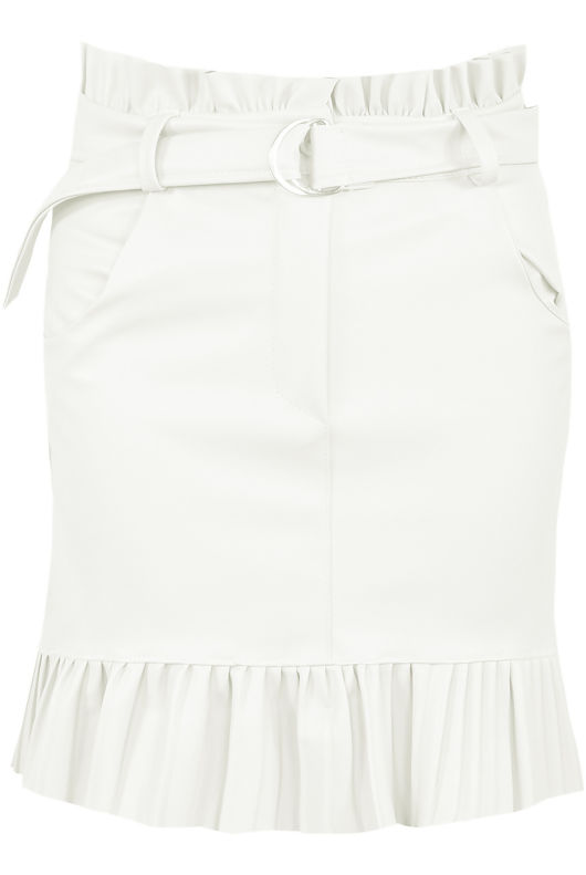 White Pleated Hem Belted PU Mini Skirt