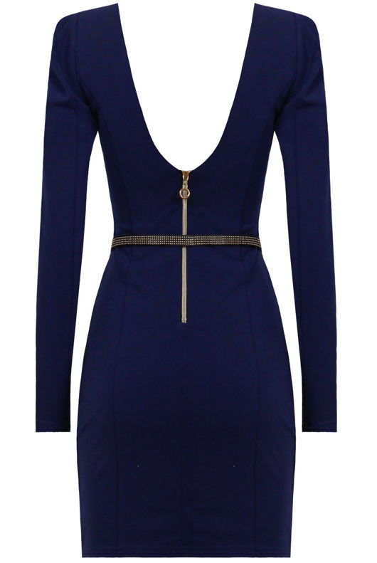 Blue Belted Open Back Bodycon Dress 