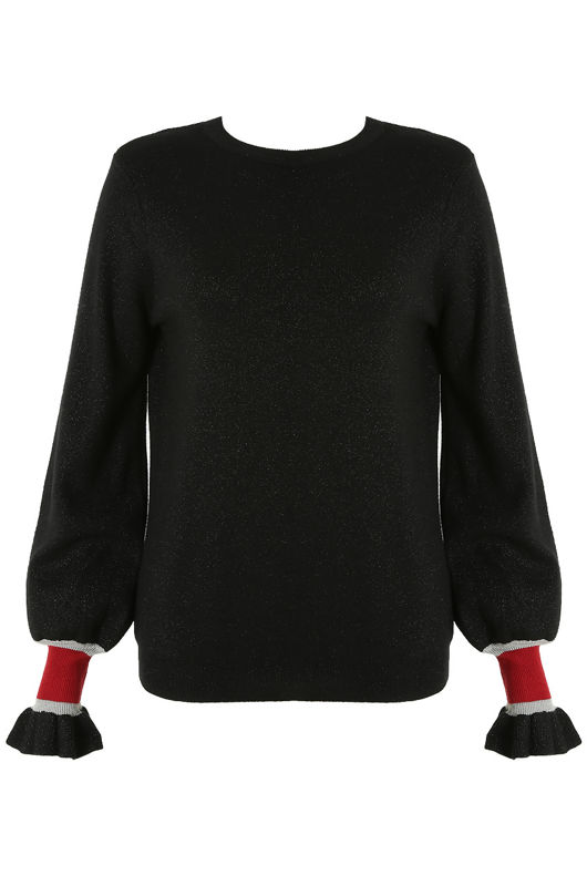 Black Ruffle Wrap Cuffs Metallic Jumper 