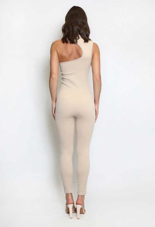 Beige High Neck Cut Out Ribbed Unitard