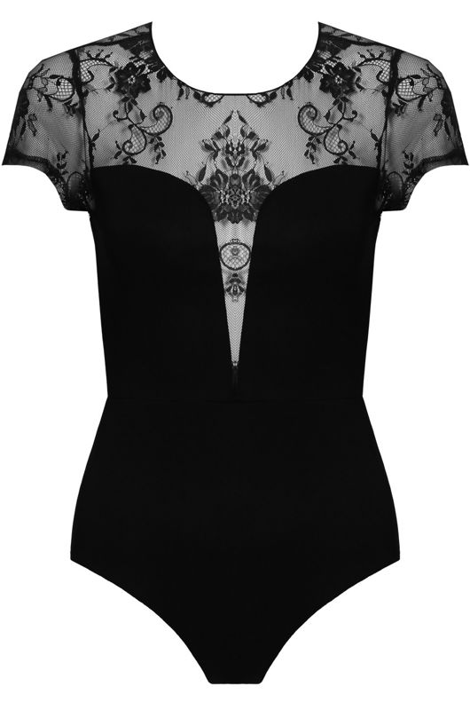 Black Floral Lace Back Zip Up Bodysuit 