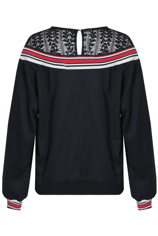 Navy Contrast Floral Lace Back Button Up Knitted Jumper