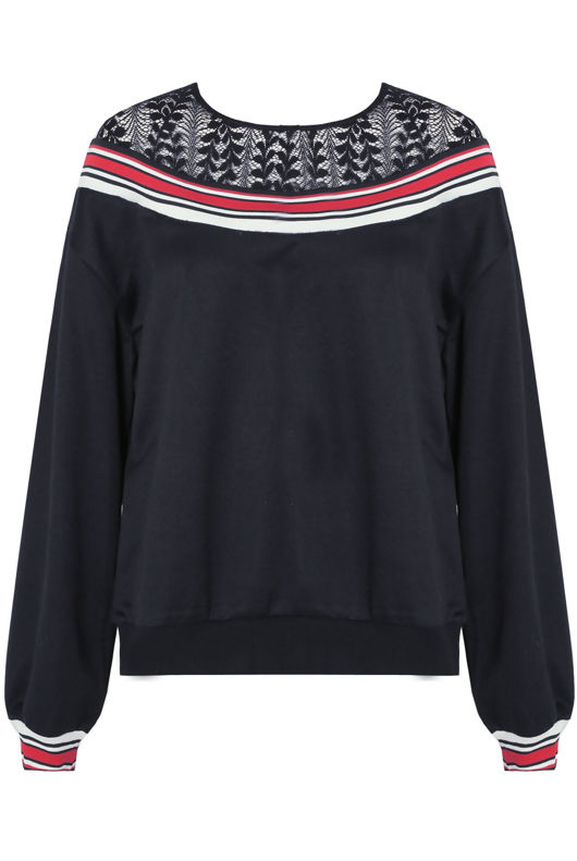 Navy Contrast Floral Lace Back Button Up Knitted Jumper