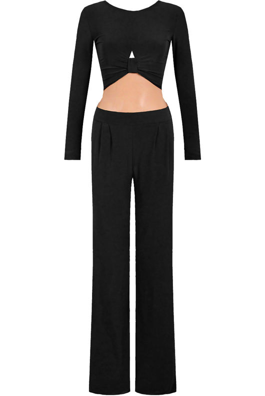 Black Soft Touch Knot Crop Top & Pleated Palazzo Trouser Set