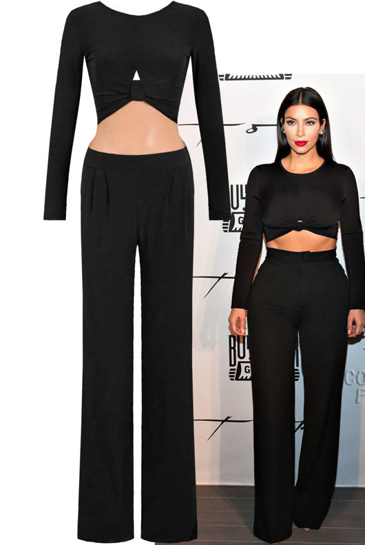 Black Soft Touch Knot Crop Top & Pleated Palazzo Trouser Set