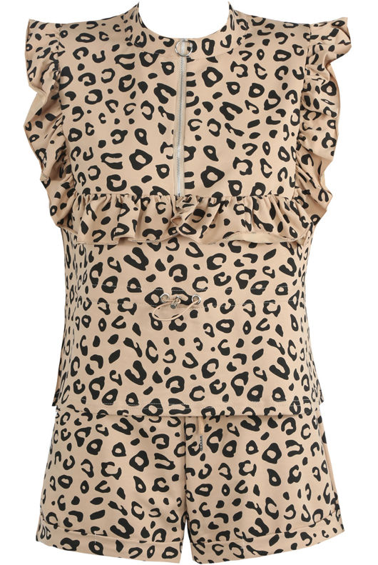 Beige Animal Print Frilled Top And Shorts Set