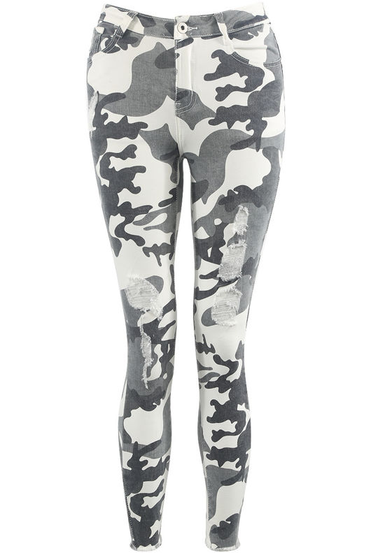 Grey Camouflage Ripped Denim Jeans