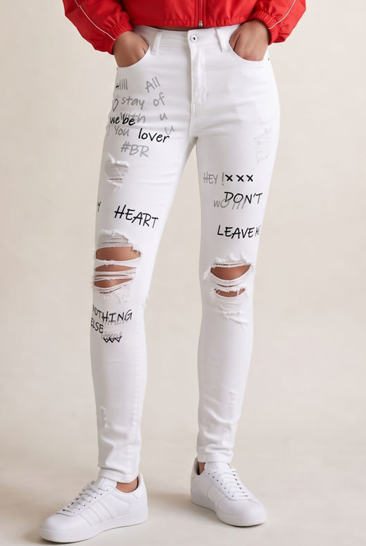 White Graffiti Ripped Knee Skinny Jeans