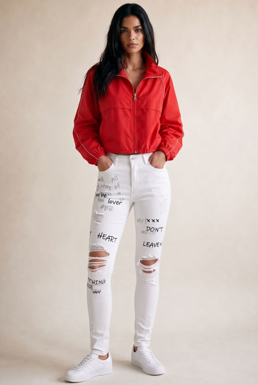 White Graffiti Ripped Knee Skinny Jeans
