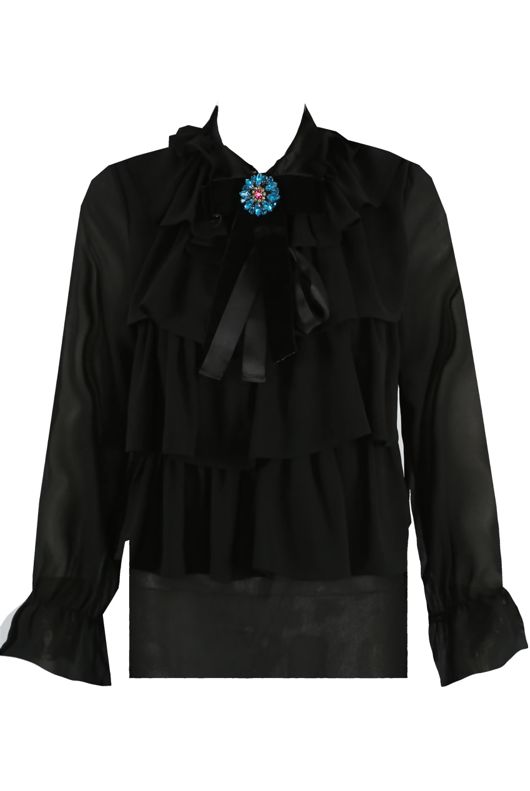 Black Chiffon Frill Knot Trim Blouse
