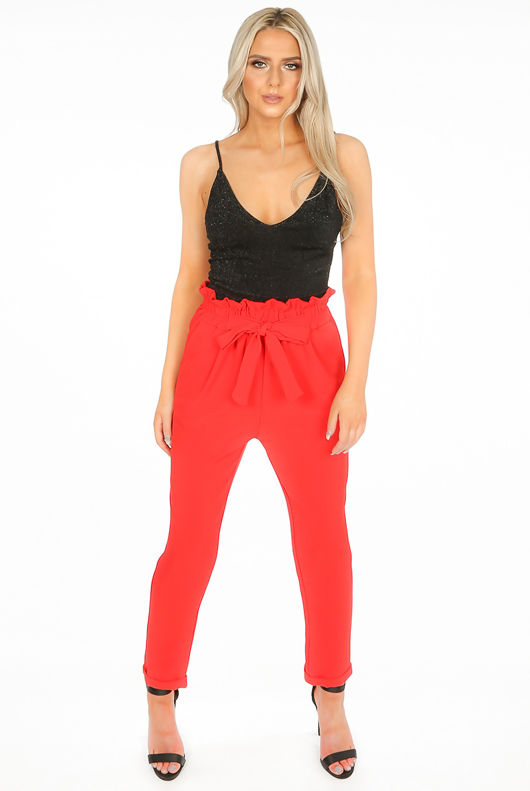 Red Paper Bag Trousers With Pleat
