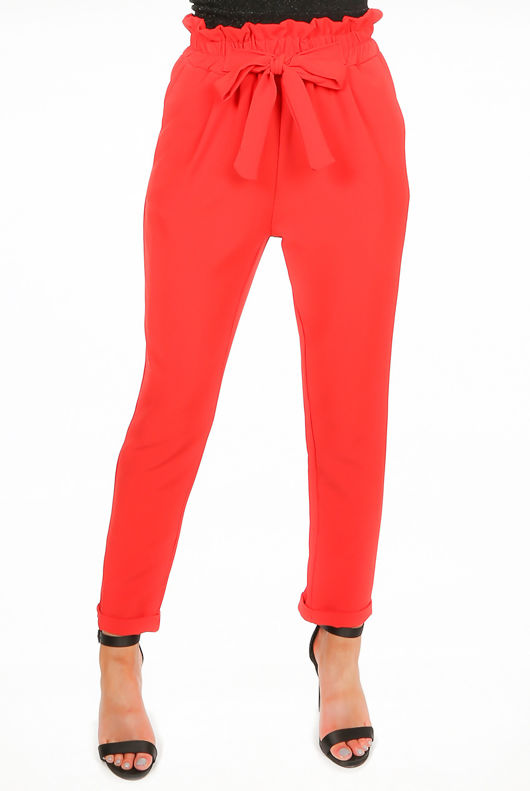 Red Paper Bag Trousers With Pleat