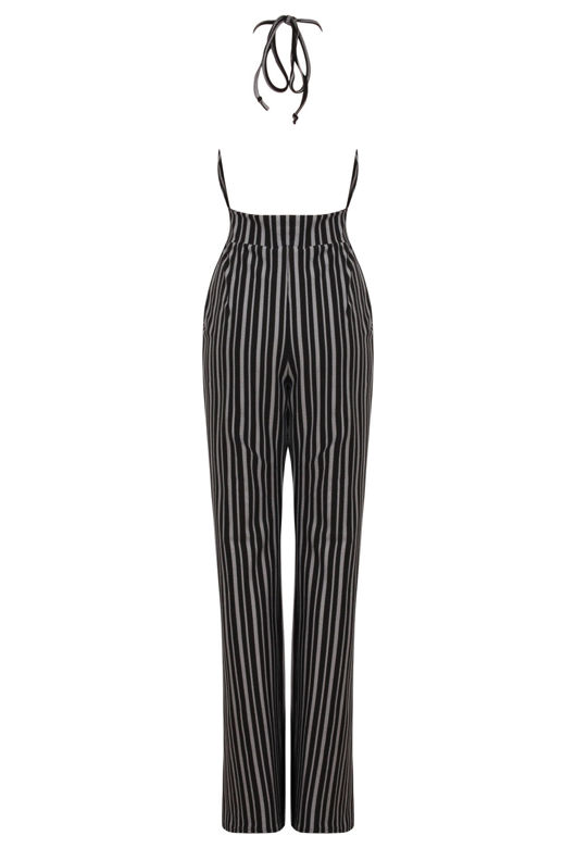 Black Plunge Striped Monochrome Halter Jumpsuit