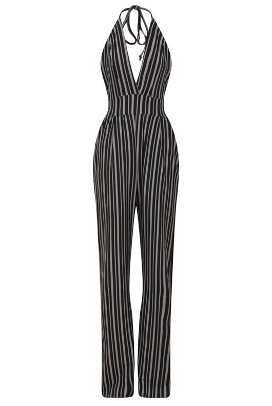 Black Plunge Striped Monochrome Halter Jumpsuit