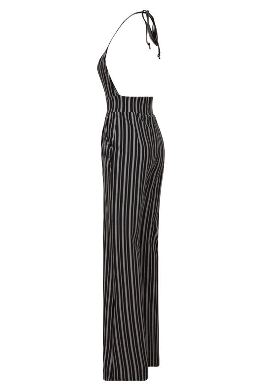 Black Plunge Striped Monochrome Halter Jumpsuit