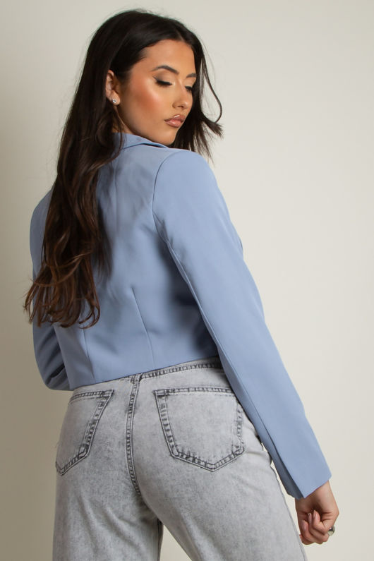 Blue Woven Button Cropped Blazer