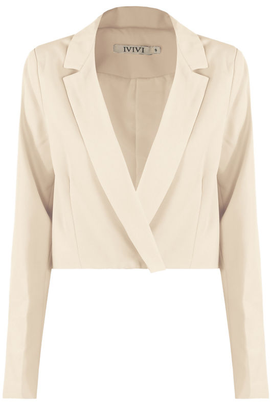 Beige Woven Button Cropped Blazer