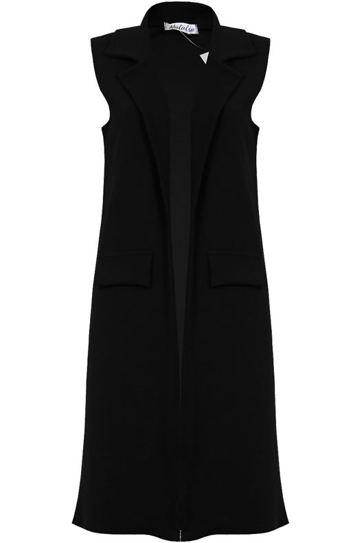 Black Long Open Side Pocketed Gilet 