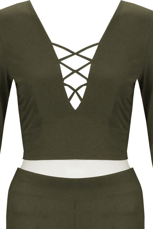 Khaki Front Cut Out Tops & Palazzo Trouser Set