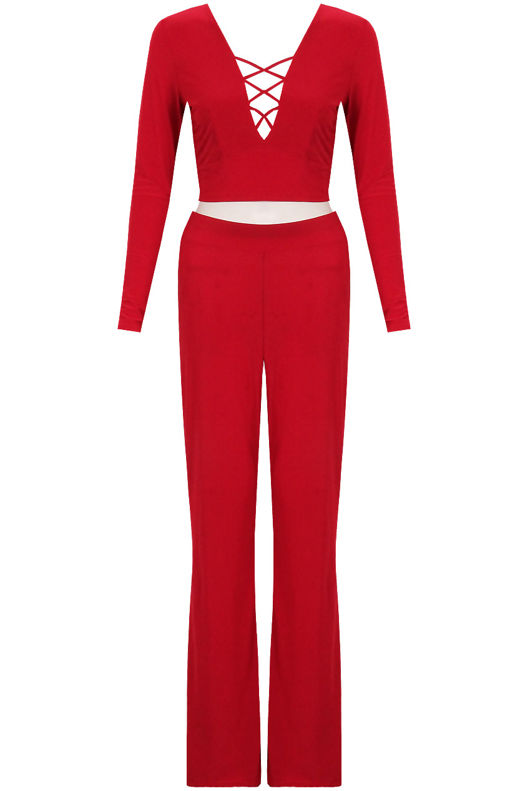 Red Front Cut Out Tops & Palazzo Trouser Set