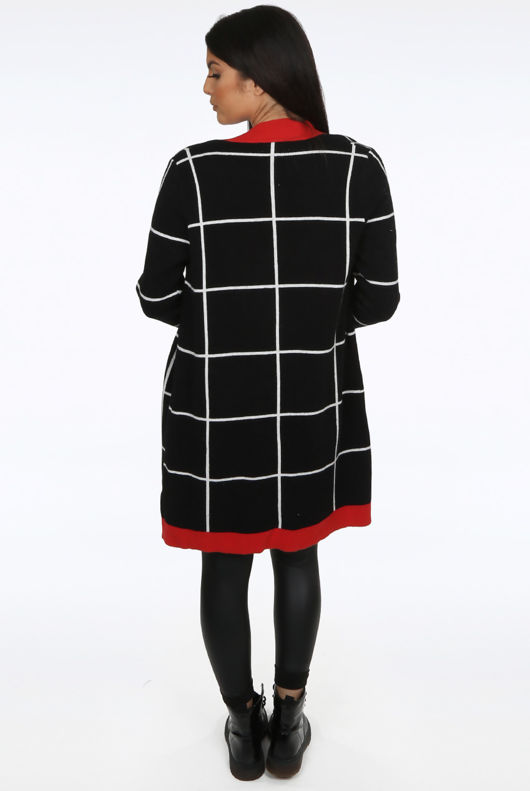 Black Square Check Long Open Cardigan