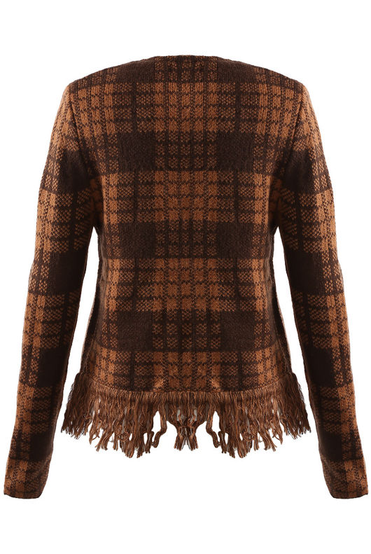 Green and Brown Check Fringe Trim Open Cardigan