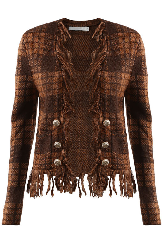 Green and Brown Check Fringe Trim Open Cardigan