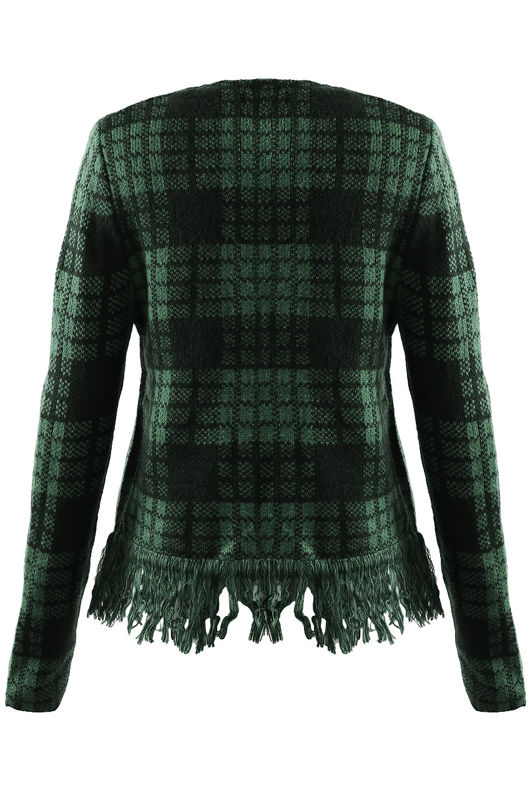 Green Check Fringe Trim Open Cardigan