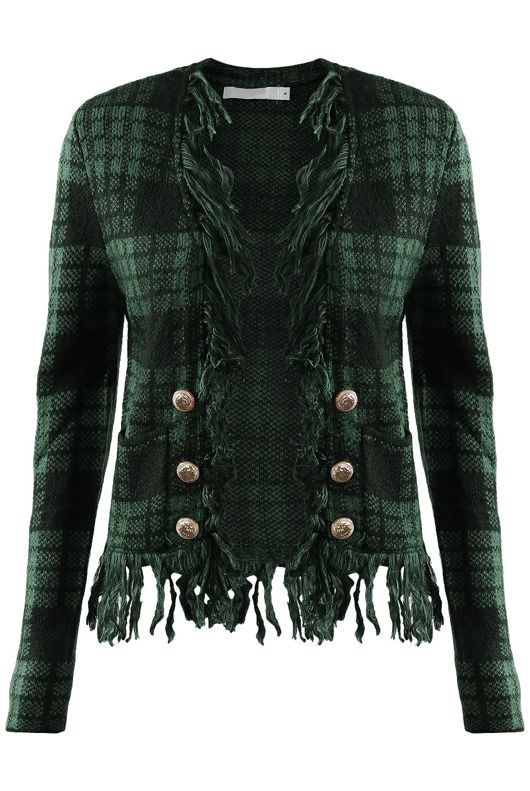 Green Check Fringe Trim Open Cardigan