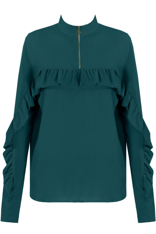 Green Zip Up High Neck Frilled Trim Tops