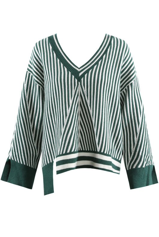 Green V Neck Stripes Pullover