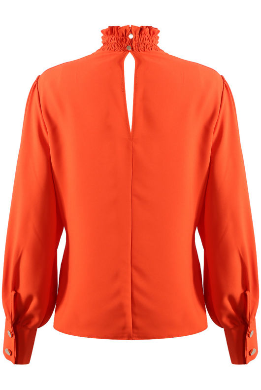 Orange Ring Pearl Trim High Neck Blouse 