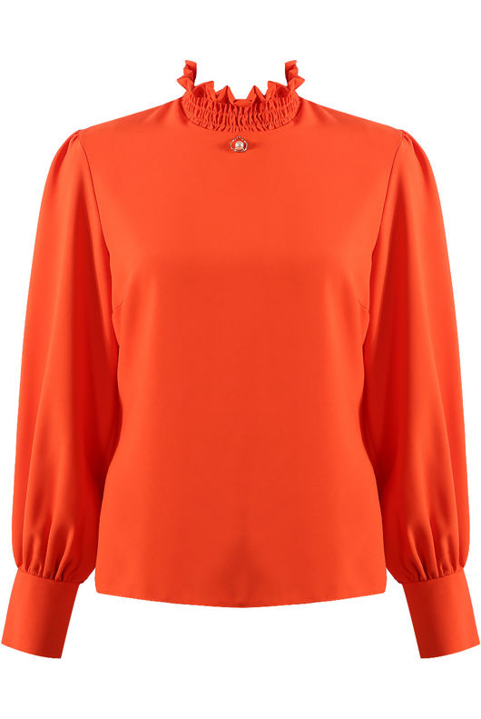 Orange Ring Pearl Trim High Neck Blouse 