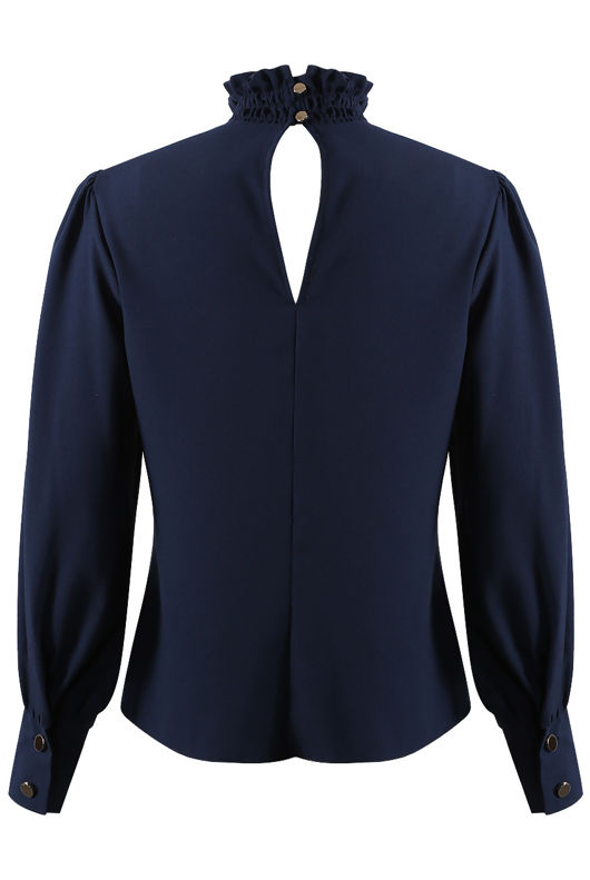 Navy Ring Pearl Trim High Neck Blouse 