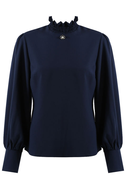 Navy Ring Pearl Trim High Neck Blouse 