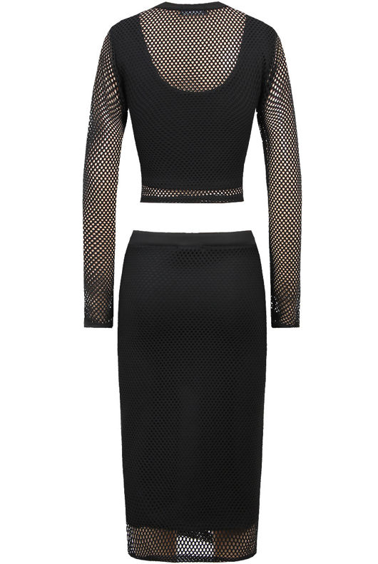 Black Mesh Detail Celebrity Style Crochet Top & Skirt Set