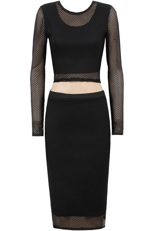 Black Mesh Detail Celebrity Style Crochet Top & Skirt Set