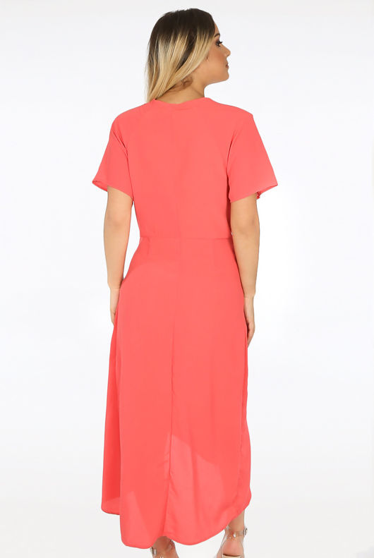 Coral Tie Up Waist Wrap Dress